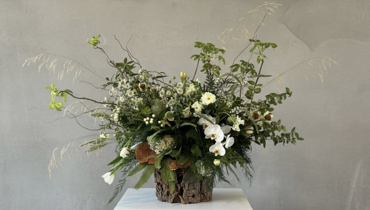 Hand-built oversized floral arrangement in Napa Valley atelier