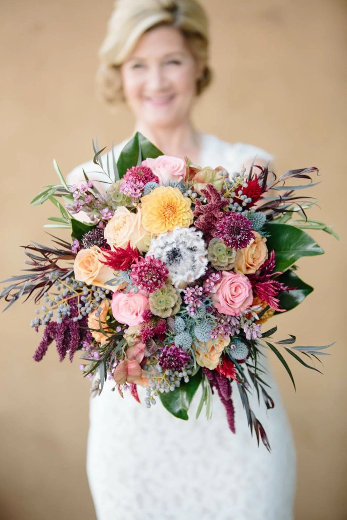 Bride with colorful garden bouquet