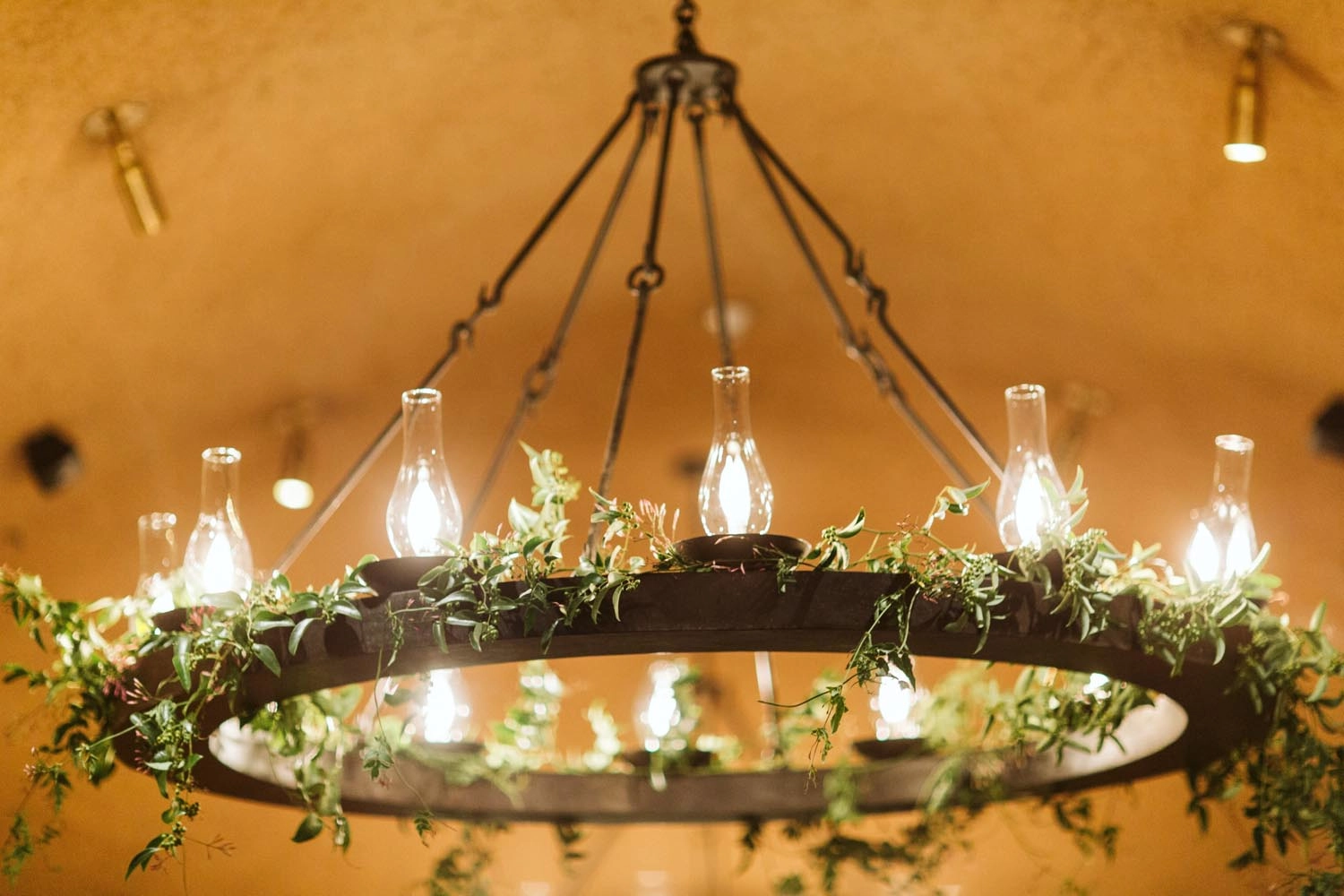 Wrought iron chandelier dressed with trailing greenery over a reception